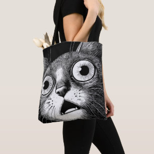 Gato Engraçado Chocado - Bolsa Tote Preta e Branca