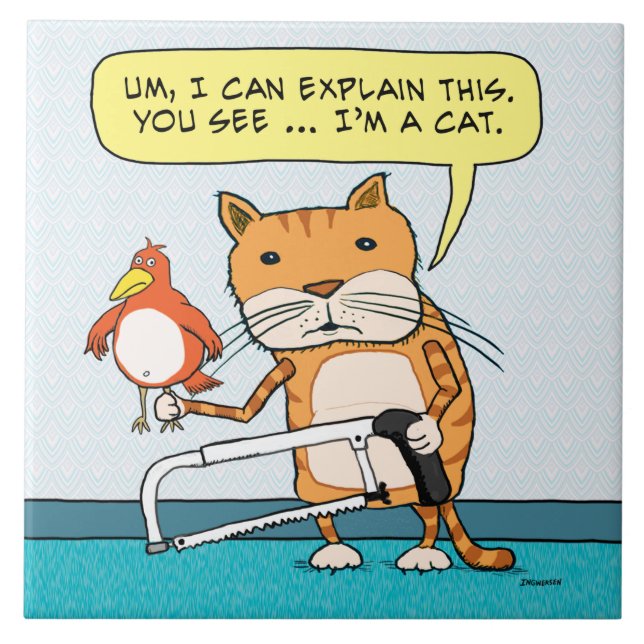 Gato engraçado com pássaro e serrote (Frente)