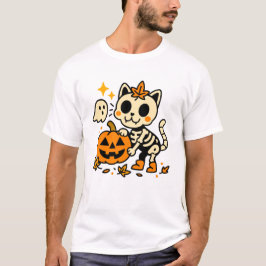 Gato Esqueleto Fofo com Camiseta de Abóbora