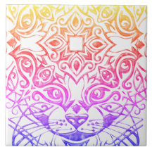Gato Face Mandala Azulejo De Cerâmica Metálico De