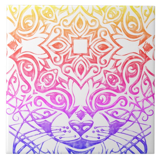 Gato Face Mandala Azulejo De Cerâmica Metálico De  (Frente)