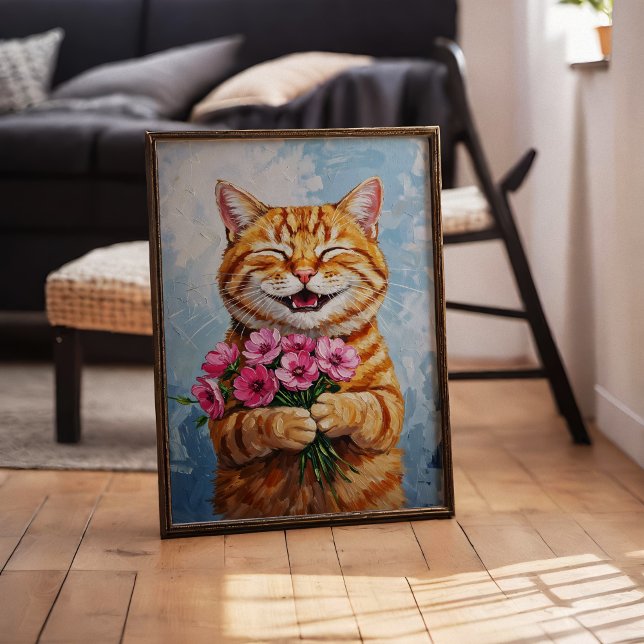 Gato Feliz Dando Um Poster De Arte De Parede Buquê (Criador carregado)