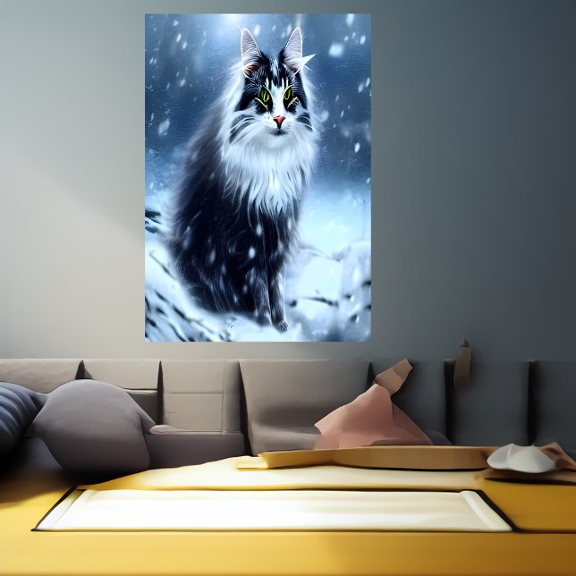 Gato florestal norueguês na neve | AI Art Poster (Criador carregado)