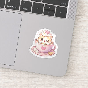 Gato Fofo em Xícara de Café Adesivo Kawaii