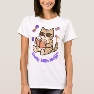 Gato fofo estudando com camiseta engraçada de ócul