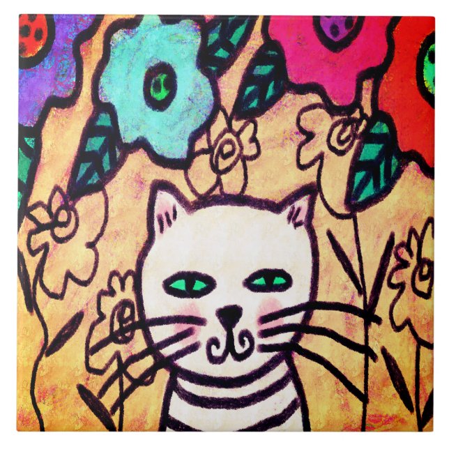 Gato Funky com Flores Abstrato Art (Frente)
