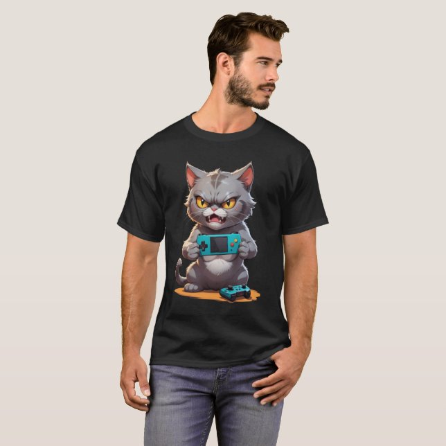gato gamer zangado, gracinha, camisa de gato zanga (Frente Completa)