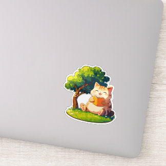 Gato Gordinho Estudioso Embaixo da Árvore Adesivo