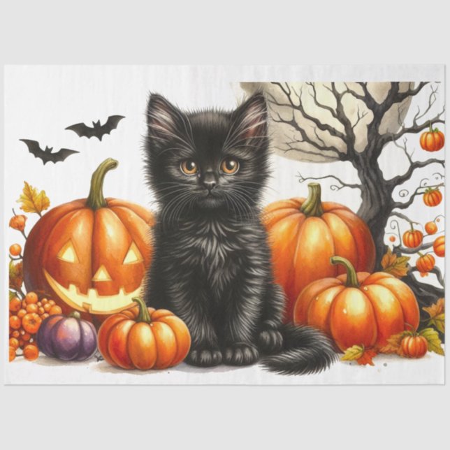 Gato Halloween com Papel Tecido de Decoupage de Pu (Frente )