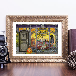 Gato Halloween e Livro Compram Poster de Aquarela