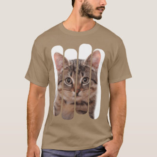 Gato inocente bonitinho olhando sua camisa engraça