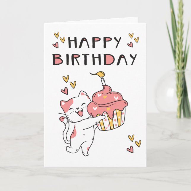 Gato Kawaii bonito com cartão de aniversário de cu (Frente)