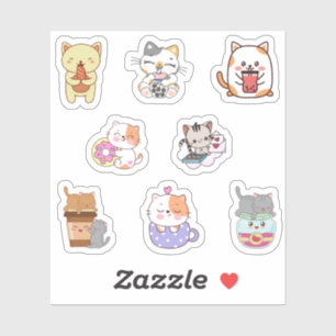 Gato kawaii bonito comendo adesivos de comida rápi