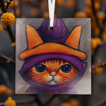 Gato Laranja com Chapéu de Bruxa Roxo de Halloween