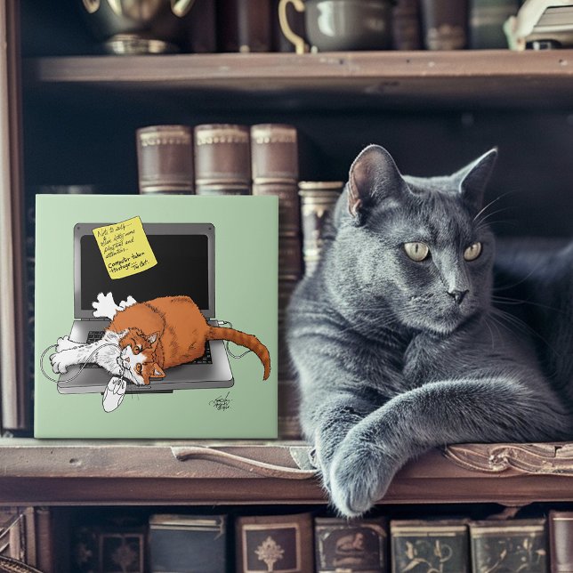 Gato Laranja Engraçado Notebook Verde Trabalho Cas (Criador carregado)