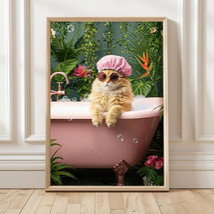 Gato Laranja na Banheira Rosa Impressão Poster Div