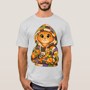 Gato laranja vestindo camiseta com capuz de colcha