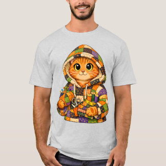 Gato laranja vestindo camiseta com capuz de colcha
