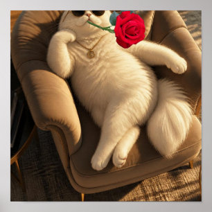 Gato Legal com Óculos de Sol e Poster de Rosa Verm