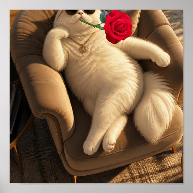 Gato Legal com Óculos de Sol e Poster de Rosa Verm (Frente)