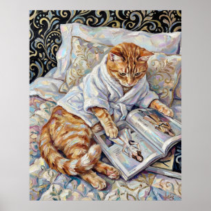 Gato Lendo na Cama Arte de Parede Impressão de Pos