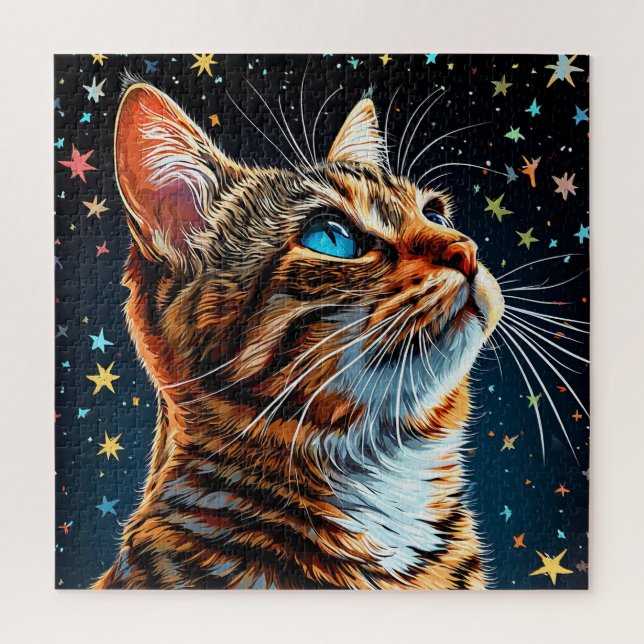 Gato Listrado de Olhos Azuis Quebra-Cabeça Noite E (Vertical)