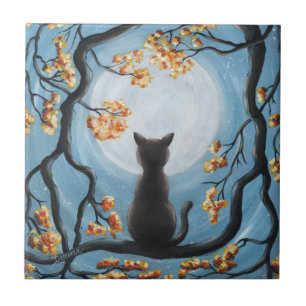 Gato lunático na pintura da Lua cheia da árvore