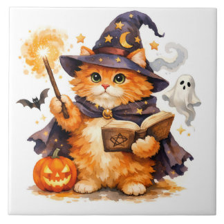 Gato Mago de Halloween em Aquarela com Fantasma