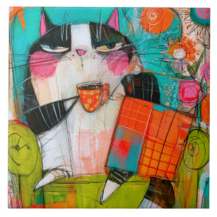 Gato Mal-Humorado Bebendo Café Na Poltrona