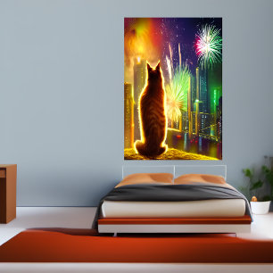 Gato na cidade e lareira AI Art Poster