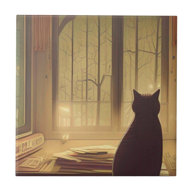 Gato na mesa com papéis olhando árvores do lado de (Frente)