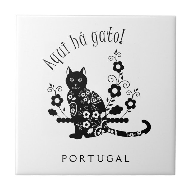 Gato negro com flores e expressão portuguesa (Frente)