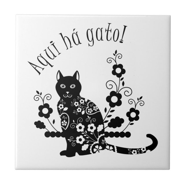 Gato negro com flores e expressão portuguesa (Frente)