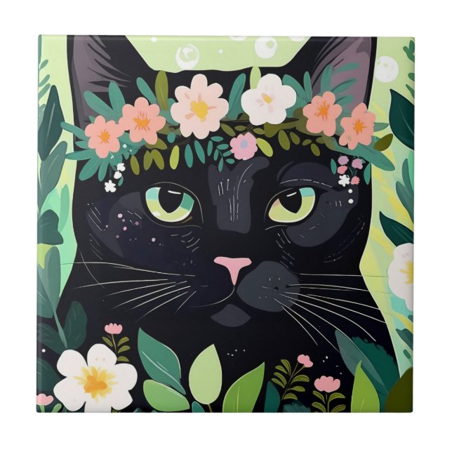 Gato negro com uma coroa floral (Frente)
