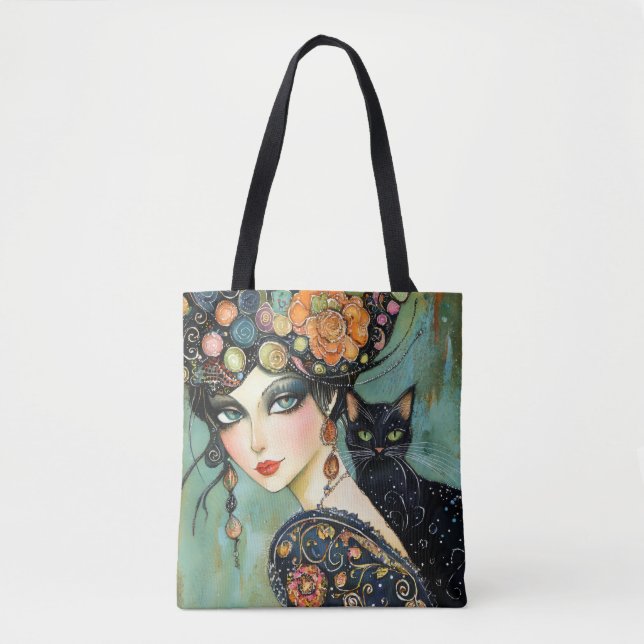 Gato Negro e Bela Mulher Tote Bag (Frente)