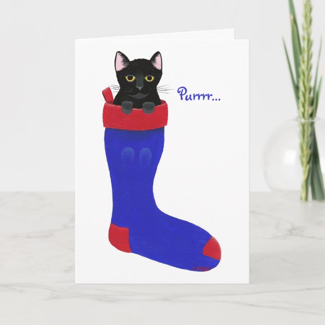 Gato Negro em Cartões de Estoque de Natal Azul (Frente)
