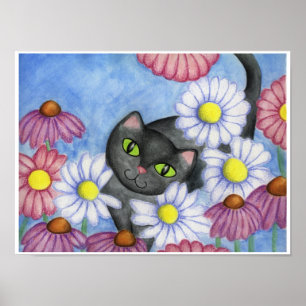 Gato Negro Em Flores Poster