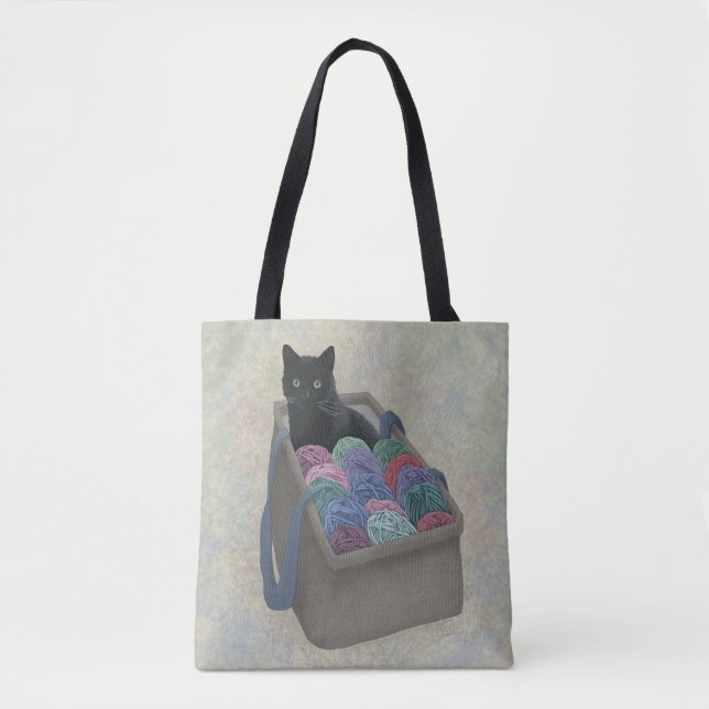 Gato negro em saco de fio Tote Bag (Frente)