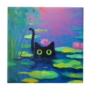Gato Negro Engraçado Nadando Pond Quirky Art