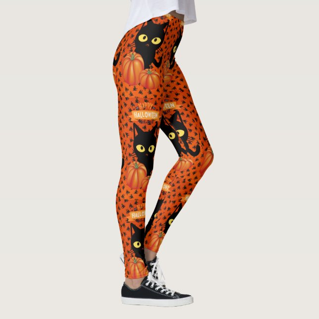 Gato Negro Halloween, Leggings de Padrão Laranja (Direita)
