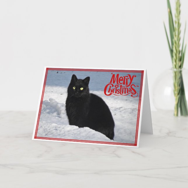 Gato Negro no Cartão de Natal para Neve (Frente)