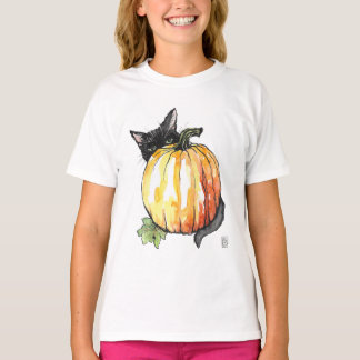 Gato Negro Por Trás Da Camiseta De Abóbora