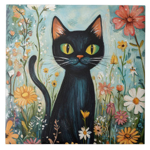 Gato Negro Whimsical com Ilustração de Flores Selv