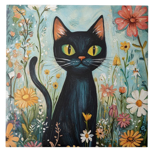 Gato Negro Whimsical com Ilustração de Flores Selv (Frente)