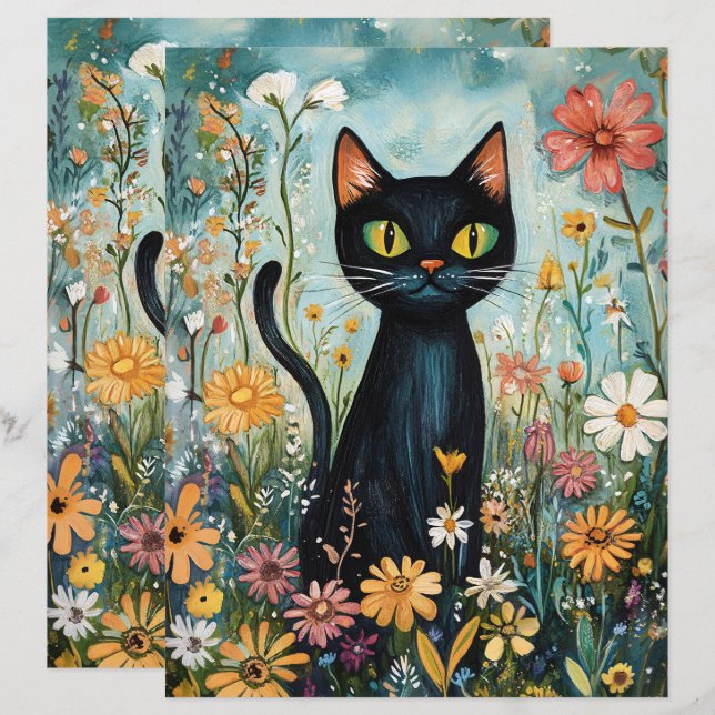 Gato Negro Whimsical com Papel Escarlate para Flor (Frente/Verso)
