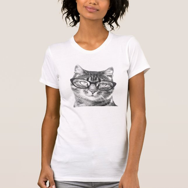 Gato nerd bonito com óculos e camisa para mulheres (Frente)