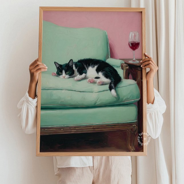 Gato no Sofá com Arte de Parede de Vinho Impressão (Cat on Couch with Wine Wall Art Painting Print)