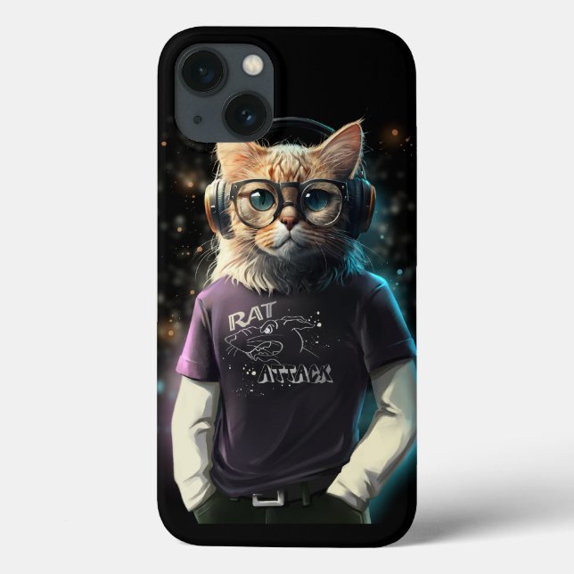 Gato numa t-shirt, fones de ouvido e óculos (Verso)