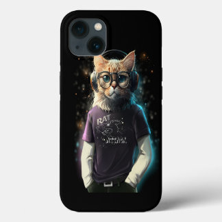 Gato numa t-shirt, fones de ouvido e óculos