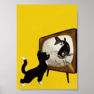 Gato Olhando Peixe Engraçado Vintage Animal Poster